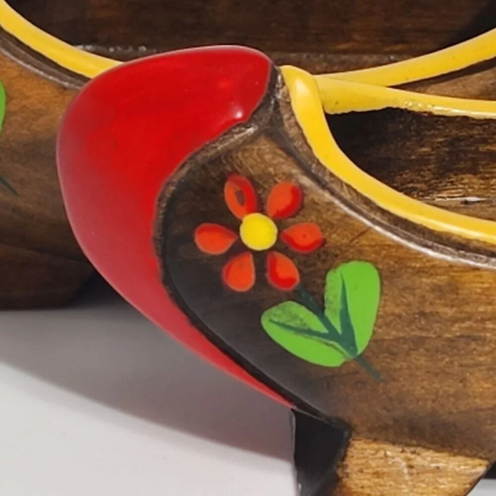 Miniature Hand Painted Vintage Wooden Clogs With Floral Design Red Tips Pair